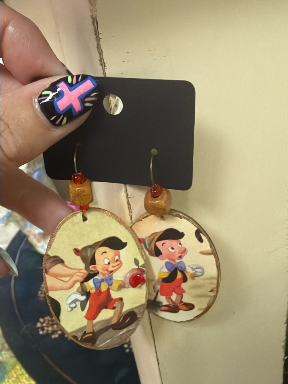 Wooden Pinocchio Illustration Drop Earrings - Yellow & Red